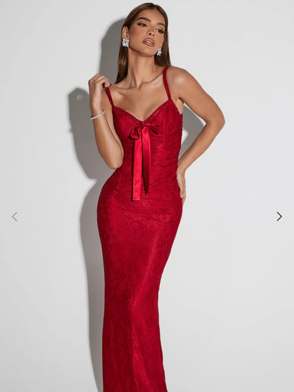 Red Lace Maxi Slip Dress with Bow Detail